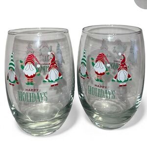 Holiday Gnome Stemless Glasses Set • Happy Holidays • Crismar 15.3 oz